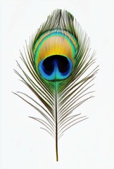 Vivid Peacock Feather Isolated on White Background A Stunning Detailed Closeup of a Single Peacock Feather showcasing its iridescent colors and intricate details.