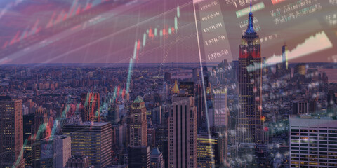 forex chart on cityscape with skyscrapers wallpaper double exposure. financial research concept.