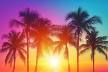 A colorful sunset over a tropical beach with palm trees. A tropical background with sunset or dawn in neon light in retro style palm trees and the sun.