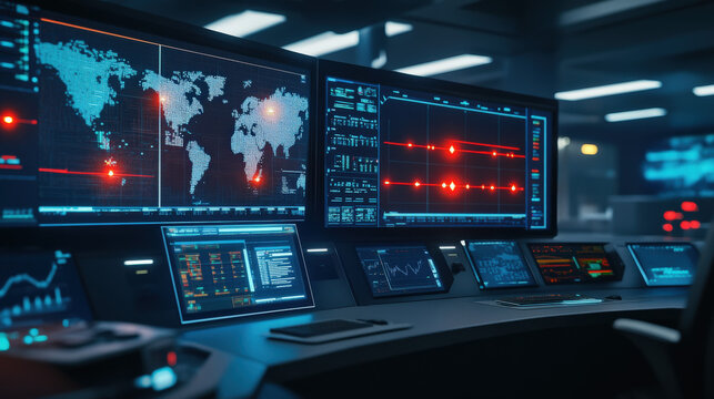Futuristic Border Surveillance Room with Glowing Maps and Radar Symbols Indicating Alert Zones