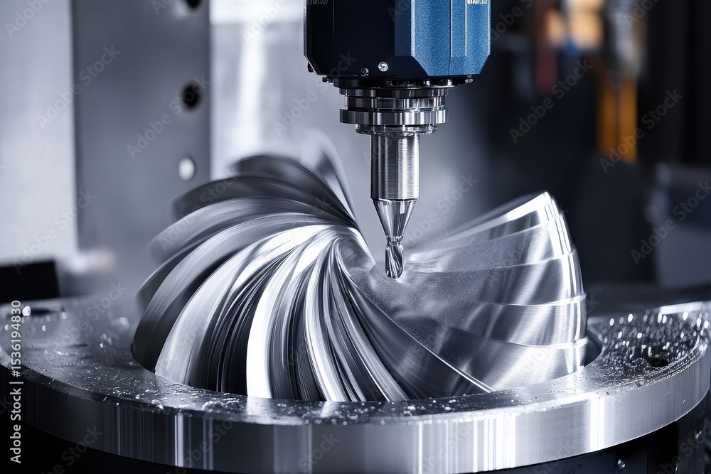 Poster advanced cnc milling machine processes detailed metal component in precision manufacturing workshop,