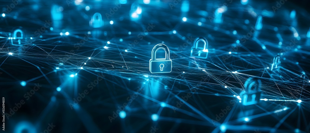 Poster abstract digital illustration of network security with padlocks symbolizing data protection and encr