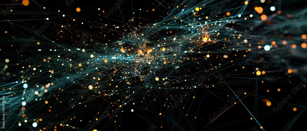 Poster an abstract representation of interconnected data points and lines, simulating a digital universe wi