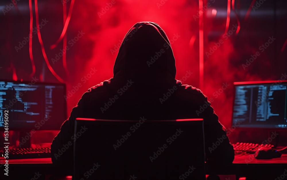 Poster an ominous figure in a hoodie sits before dual monitors, illuminated by red light and smoke, represe