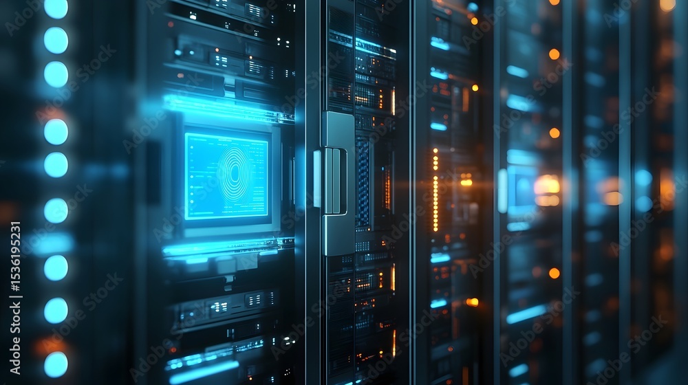Poster high-tech server room with glowing lights and advanced hardware, showcasing modern data storage solu