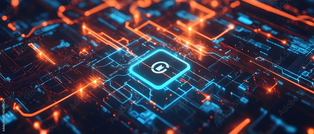 Poster futuristic digital circuit board with glowing blue and orange elements, representing advanced techno