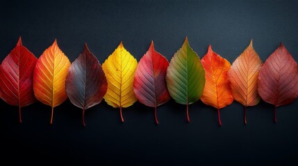 Vibrant Autumn Leaves Row Dark Background Natural Colorful Foliage Seasonal Design