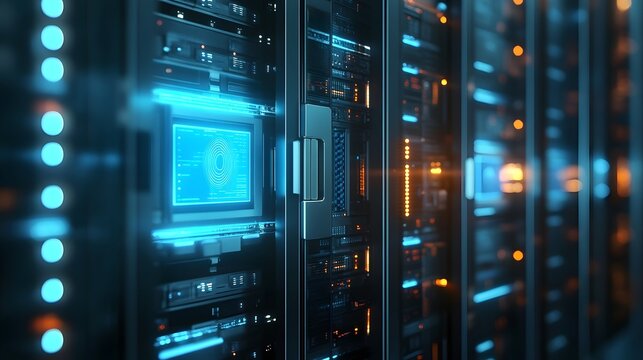 High-tech server room with glowing lights and advanced hardware, showcasing modern data storage solutions in a digital environment