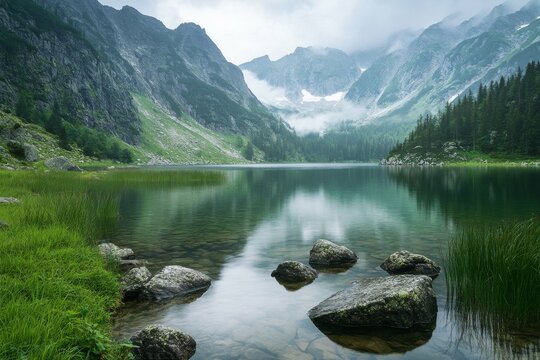 Serene mountain lake reflecting majestic peaks under a misty sky offers breathtaking nature scenery
