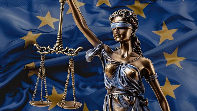 The European Union flag is in the background, and there's an icon of lady justice holding scales with her blindfold