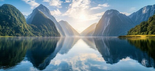 Serene New Zealand Fjord Landscape Stunning Mountain Reflections Peaceful Lake Nature Scene