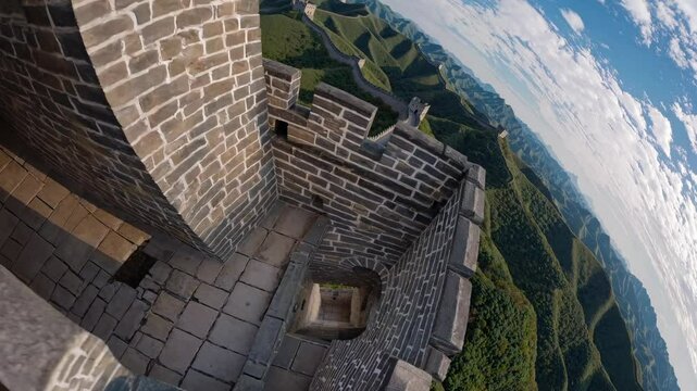Aerial video captures the Great Wall's serpentine path over lush hills, with a wide-angle lens emphasizing the expansive landscape.