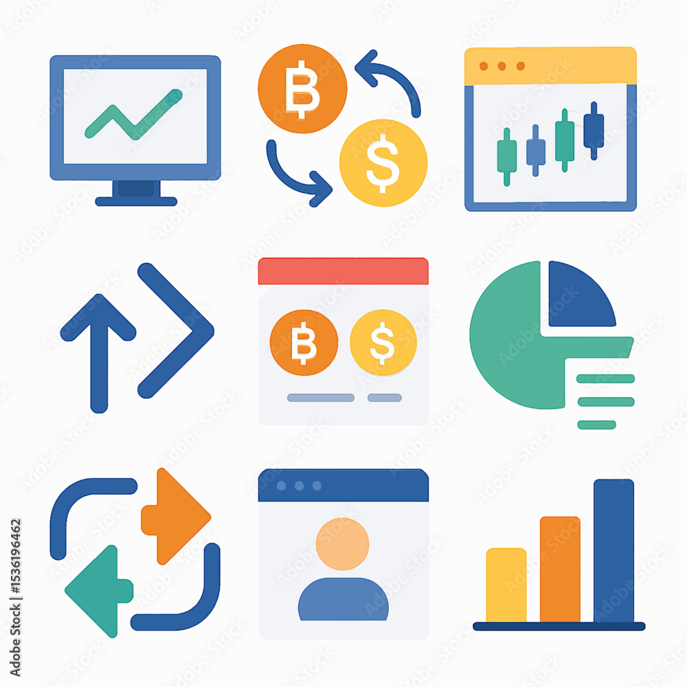 Poster flat design icons representing various financial data visualization tools and transactions.