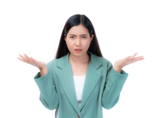 A young, puzzled businesswoman with long dark hair, wearing a green blazer and shrugging with open palms, expressing confusion or uncertainty, isolated on a transparent background