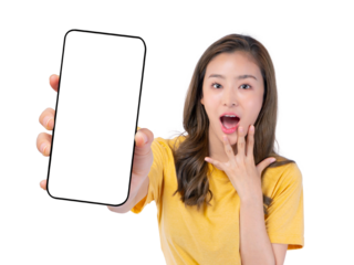 Surprised Asian woman holding and showing blank smartphone screen in hand, amazed facial expression, isolated on a transparent background, Mockup mobile display with copy space for app or website