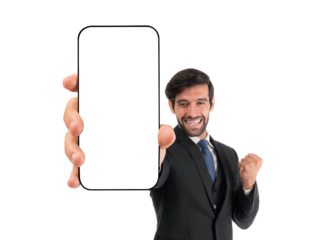 A confident smiling businessman in a dark suit, enthusiastically presenting a blank smartphone screen with a fist pump, isolated on a transparent background, perfect for showcasing your app or digital