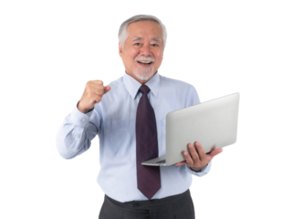 A cheerful senior Asian businessman with gray hair and a beard, enthusiastically holding a laptop and raising his fist in a gesture of success, isolated on a transparent background