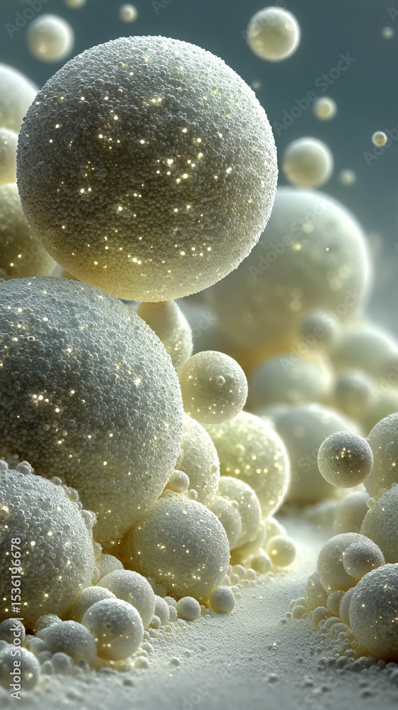 Aufkleber glistening white orbs of varying sizes arranged on a pristine white backdrop, creating a minimalist,