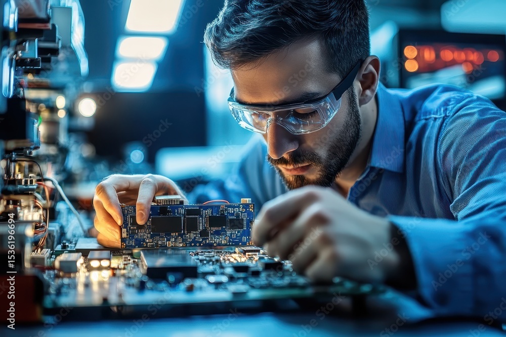 Poster electronics engineer conducting tests on circuit board in laboratory during evening hours, electroni