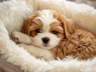 A cute, fluffy puppy resting comfortably in a cozy bed, showcasing its adorable features and relaxing demeanor.