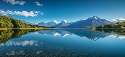 Serene mountain lake reflecting snow-capped peaks under a vibrant blue sky a stunning natural landscape