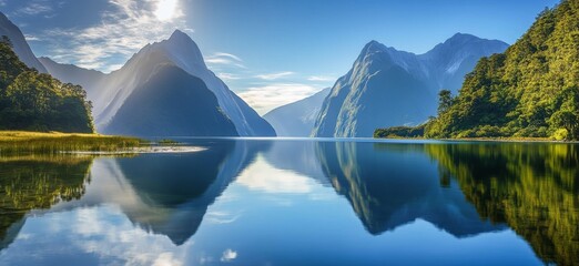 Majestic Fiordland National Park scenery showcasing serene lake reflections of stunning mountains and lush forests under a bright sky.