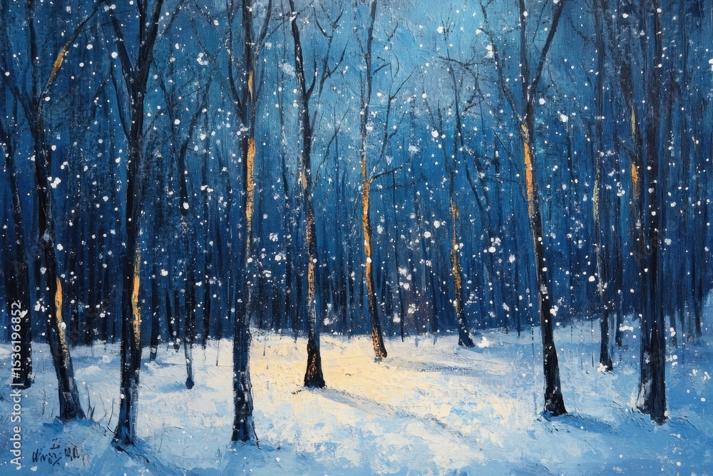 Poster evening winter landscape with snow falling on trees creating a serene atmosphere, snowing on trees e