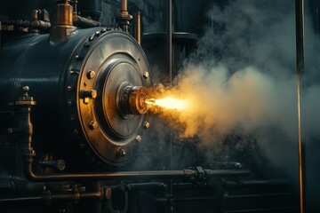 Machinery releases steam and light in an industrial setting during early evening hours, Machinery Releasing Steam With Flashing Light