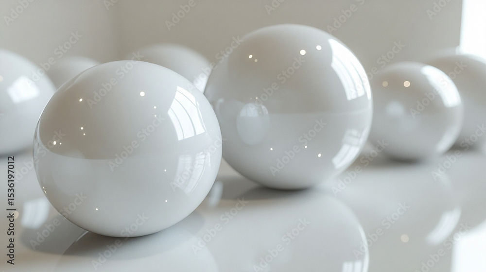 Aufkleber glistening white orbs of varying sizes arranged on a pristine white backdrop, creating a minimalist,