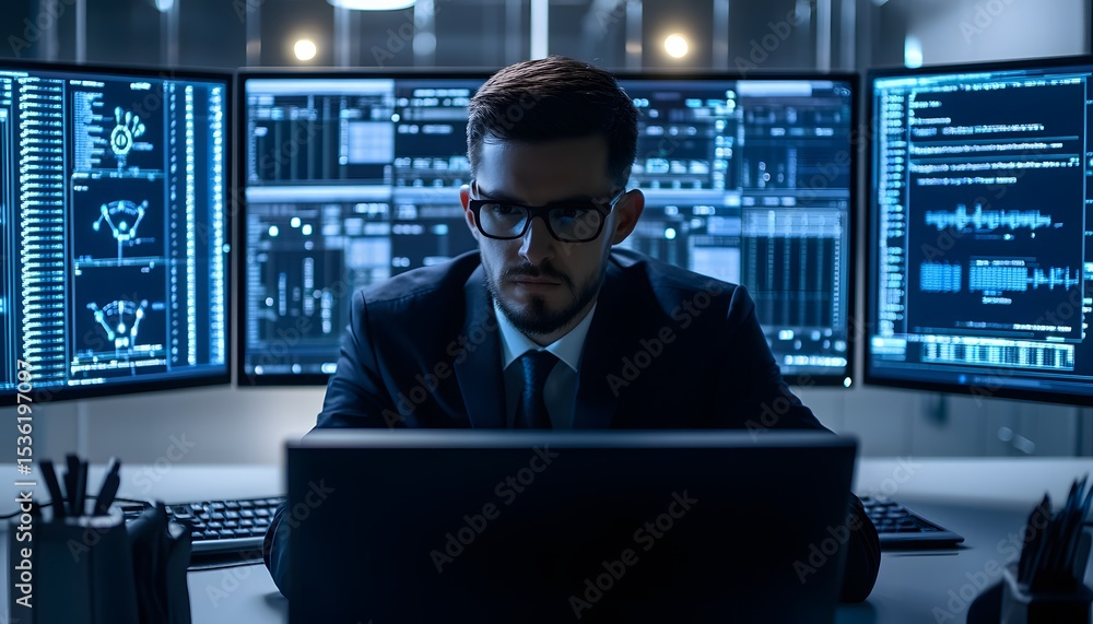 Poster a focused professional analyzing data in a modern office environment, surrounded by multiple screens