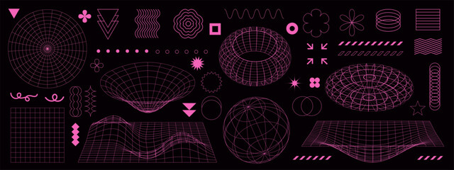 Geometry wireframe shapes and grids in neon pink color. 3D hearts, abstract backgrounds, patterns, cyberpunk elements in trendy psychedelic rave style. Y2k retro futuristic aesthetic.