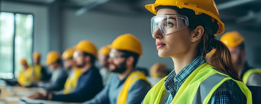 A focused female worker wearing a hard hat and safety glasses attends a construction training session. Colleagues in the background showcase teamwork in a professional environment.