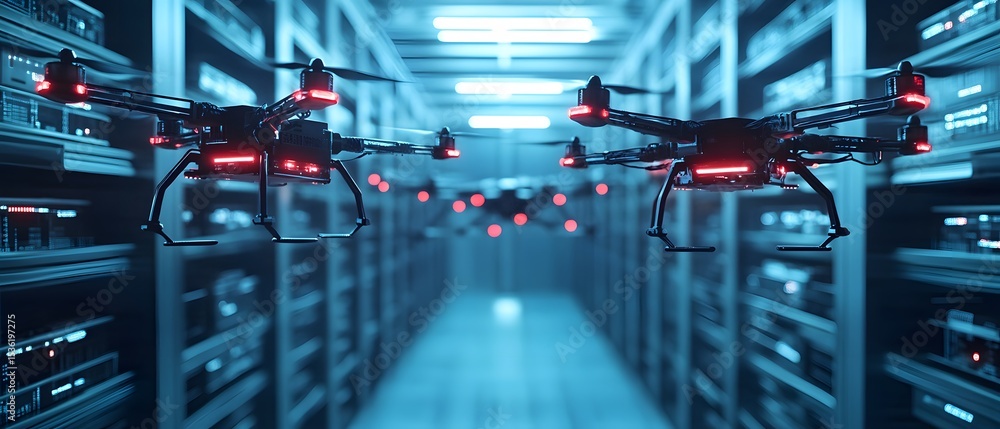 Poster a futuristic scene capturing drones flying through a high-tech data center, illuminated by blue ligh