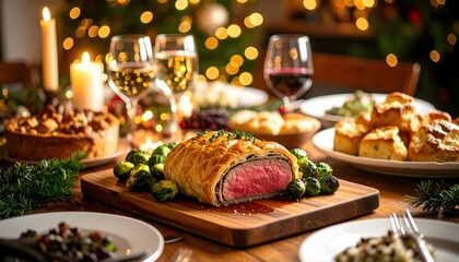Beef Wellington on a rustic wooden board, paired with roasted Brussels sprouts and Yorkshire pudding, surrounded by festive decor and warm lighting — perfect holiday family feast setting.

