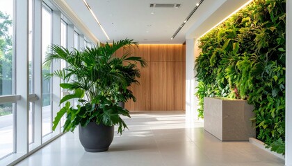 Bright indoor lobby space featuring large green plants a vertical garden and natural sunlight creates a vibrant and inviting atmosphere