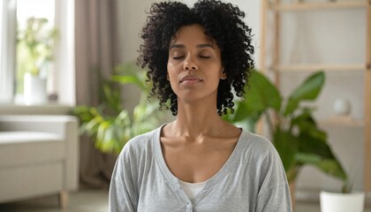 Serene African American woman with curly hair in a gray t-shirt indoors practicing mindfulness meditation with closed eyes for a stress-free healthy lifestyle