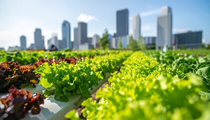 Urban farming with fresh produce and modern cityscape in the background creates a sustainable environment showing agriculture and urban development together