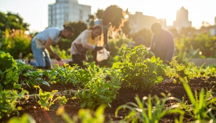 People tending to plants in community garden showcasing urban farming and sustainable agriculture promoting healthy lifestyle and food security in city settings