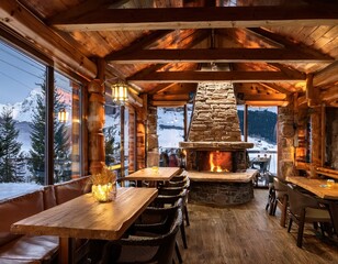 A cozy mountain cabin-style café with a stone fireplace, log furniture, and warm lighting for a snug, alpine vibe