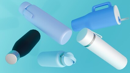 A 3d rendering of a collection various drinkware items or tumblr, all rendered in a monochromatic blue palette, an aesthetic theme.