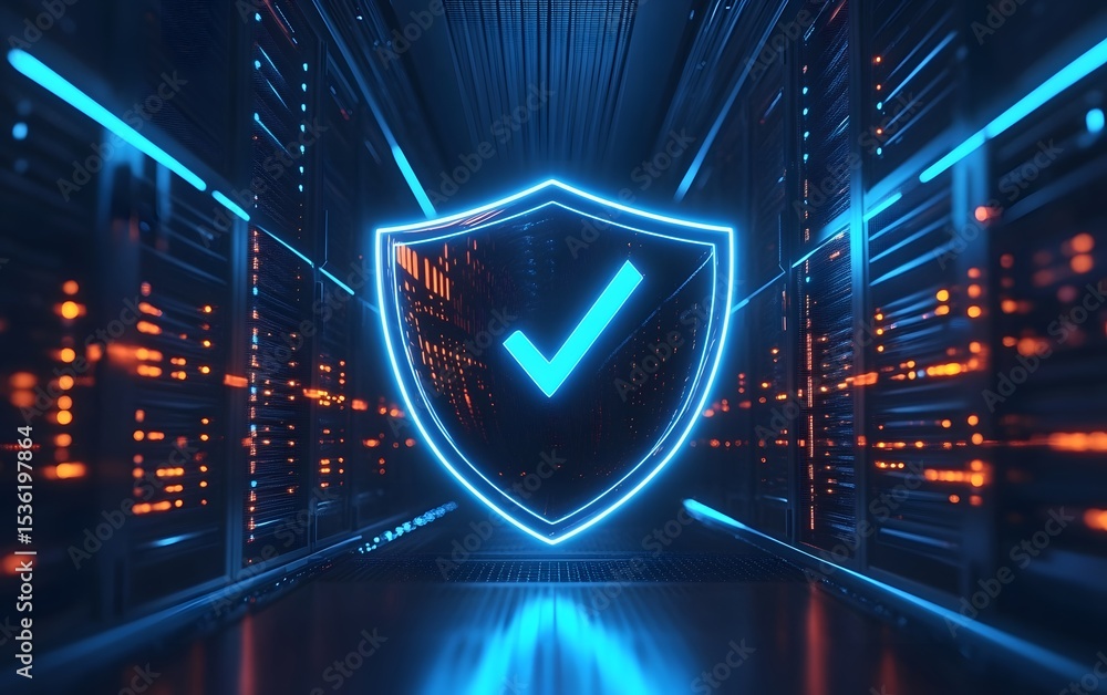 Poster a modern data center illuminated with neon lights, featuring a glowing shield symbol with a checkmar