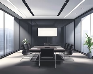 A modern conference room featuring sleek furniture and large windows, providing ample natural light for meetings and discussions in a professional environment.