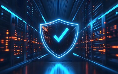 A modern data center illuminated with neon lights, featuring a glowing shield symbol with a checkmark, representing cybersecurity and data protection in digital environments.