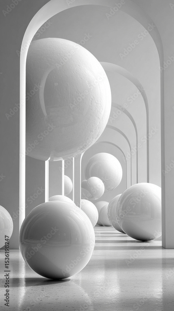 Aufkleber glistening white orbs of varying sizes arranged on a pristine white backdrop, creating a minimalist,