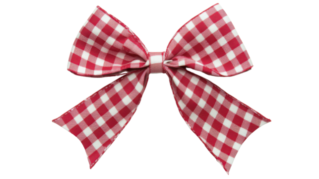 Red checkered ribbon bow on white background

