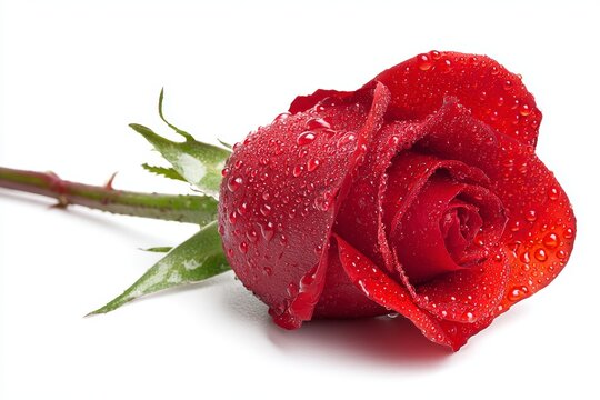 Vibrant red rose with dewdrops on white background