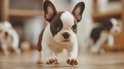 A playful puppy runs joyfully across a wooden floor, showcasing its vibrant personality and adorable features. The scene captures the essence of youthful energy and companionship.