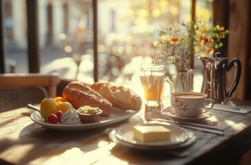 breakfast scene with fresh baguette, butter, coffee, and fruit