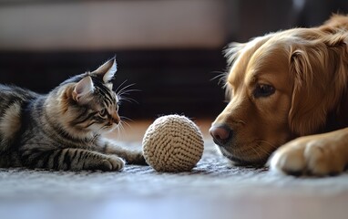 A playful scene featuring a cat and a dog curiously gazing at a woven ball on a cozy rug, embodying the joys of pet companionship and friendship in a warm indoor setting.