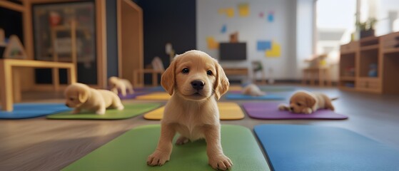 A playful scene featuring adorable puppies in a vibrant indoor environment, showcasing their innocence and charm. These joyful pups invite you to experience their playful nature.